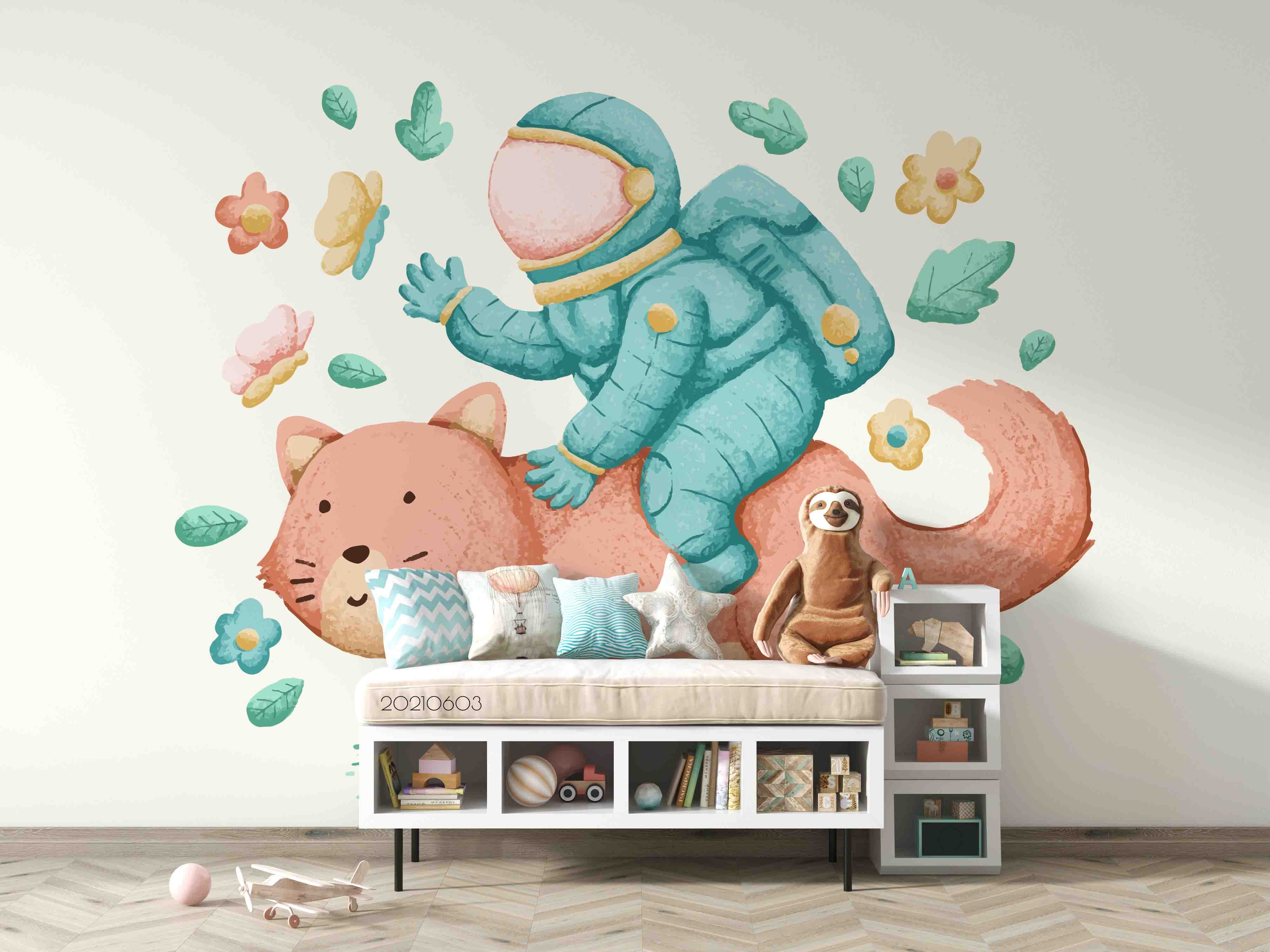 3D Watercolor Cartoon Cute Animal Astronaut Wall Mural Wallpaper Sww570