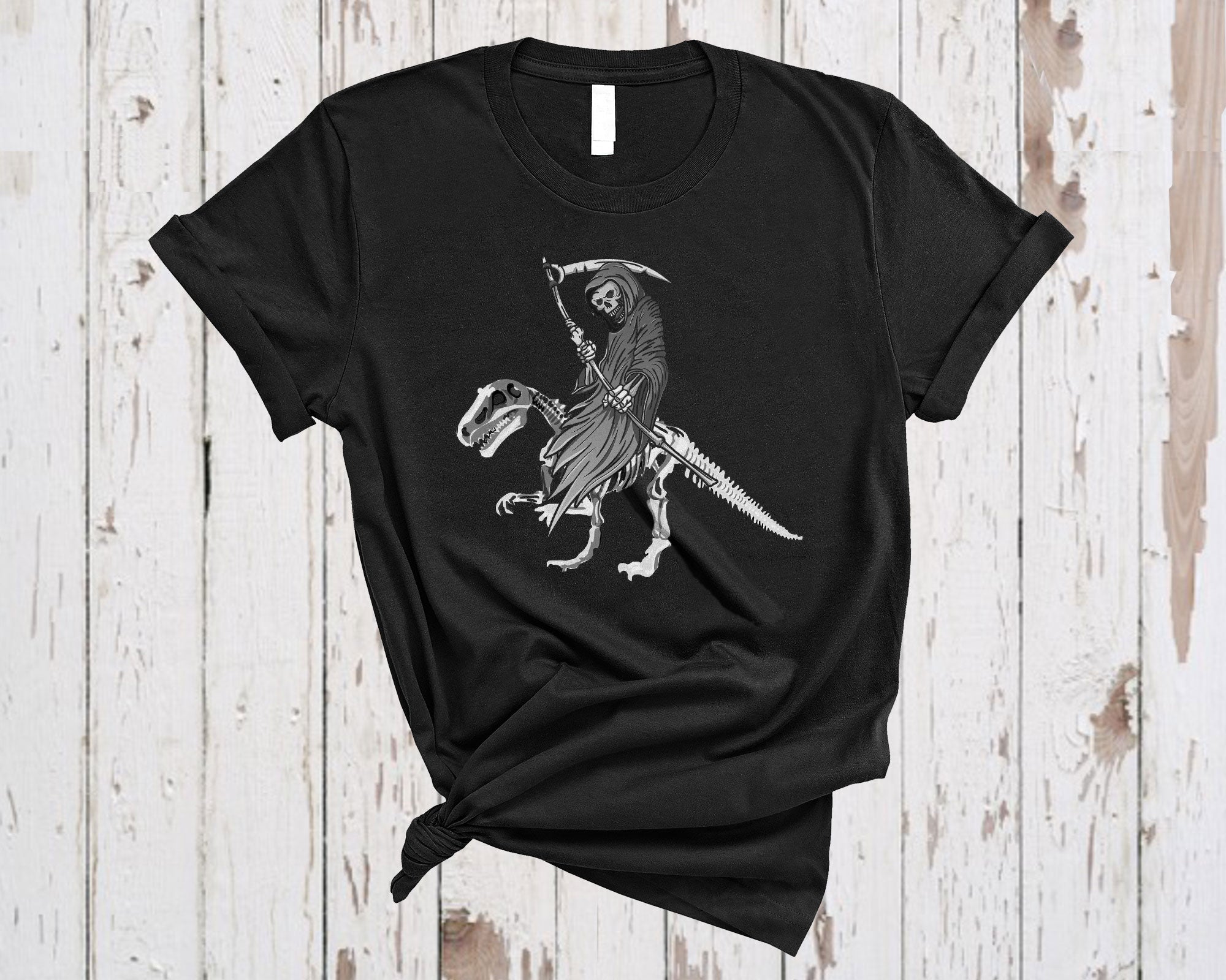 The Death Riding Dinosaur T-Rex Funny Halloween Skeleton Dinosaur T-Rex Lover Gifts T-Shirt