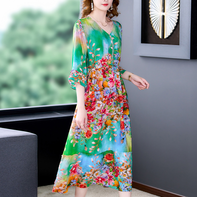 Spring Summer Floral Natural Rayon V-Neck Sexy Midi Dress Women Elegant Loose Waist Plus Size Dress 2022 Korean Vintage Vestido alx