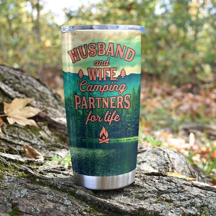 Couple Quote Husband And Wife Camping Partners For Life Stainless Steel Skinny Tumbler Bulk, Double Wall Vacuum Slim Water Tumbler Cup With Lid, Reusable Metal Travel Coffee Mug