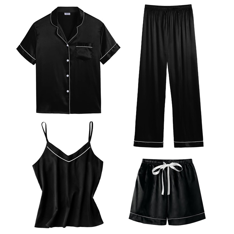 4pcs Women’S Pajamas Set Satin Short-Sleeved Shorts Pijima Loose Homewear Suit For Home Sleepwear Solid Faux Silk Female Pijima alx