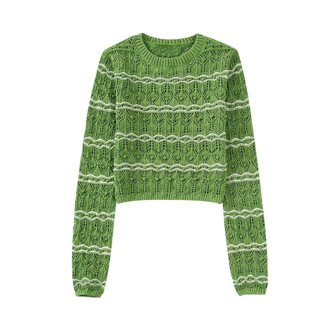 TRAF Green Cropped Sweater Women Jacquard Knitted Sweater Woman Pullover Long Sleeve Top Female Korean Fashion Women Sweaters alx