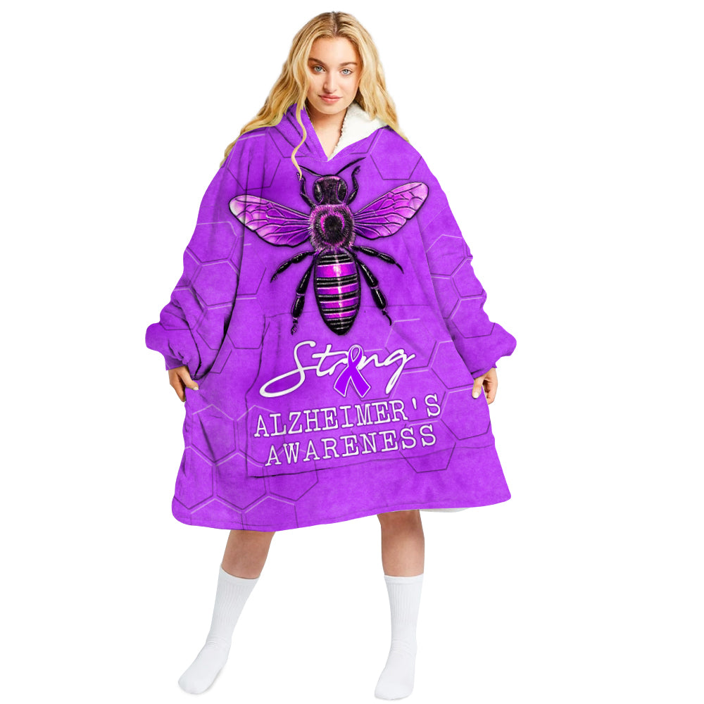 Alzheimer’S Bee Strong Oversized Hoodie Unisex Fashion Hoodie Blanket With Hood Pocket And Sleeves For Everyone