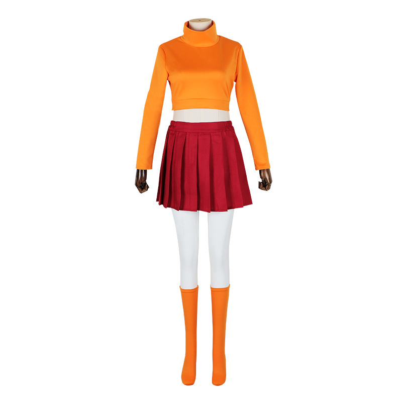 Anime Velma Cosplay Costume Movie Character Scoloby-Dool Orange Uniform Halloween Cos Suit for Women Girls Party Cartoon Wig alx