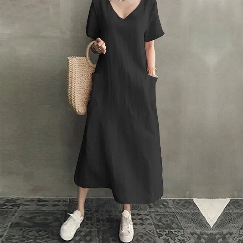 Women Cotton and Linen V Neck Dress Casual Loose Maxi Dresses for Women Short Sleeve Retro Summer Dress with Pockets alx