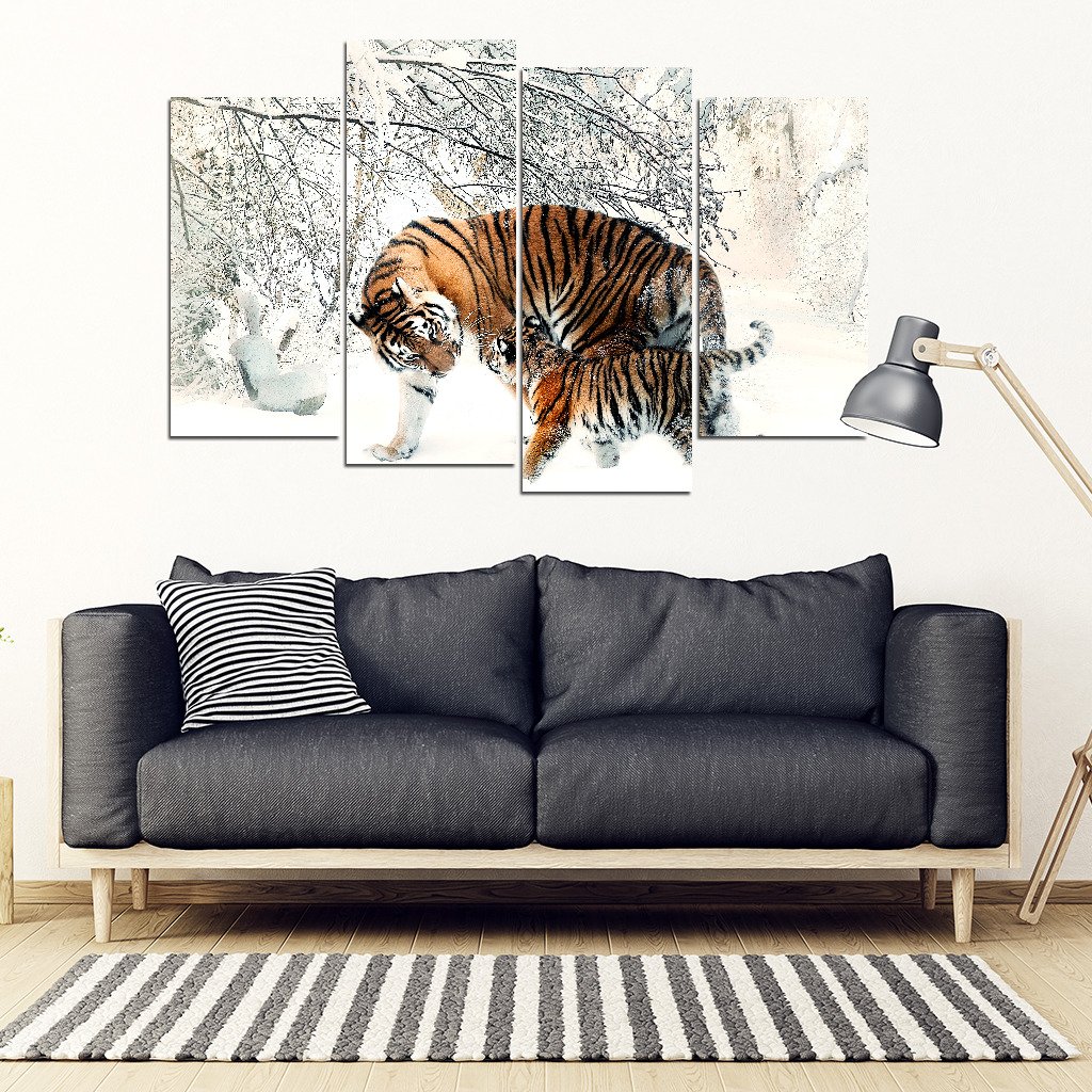 Tigers In Snow 4 Piece Framed Canvas