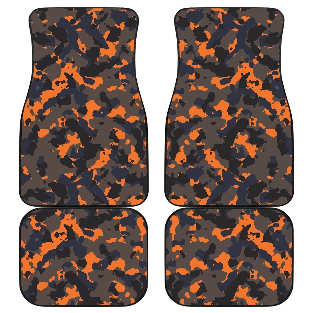 Black And Orange Camouflage Print Front And Back Car Floor Mats, Front Car Mat