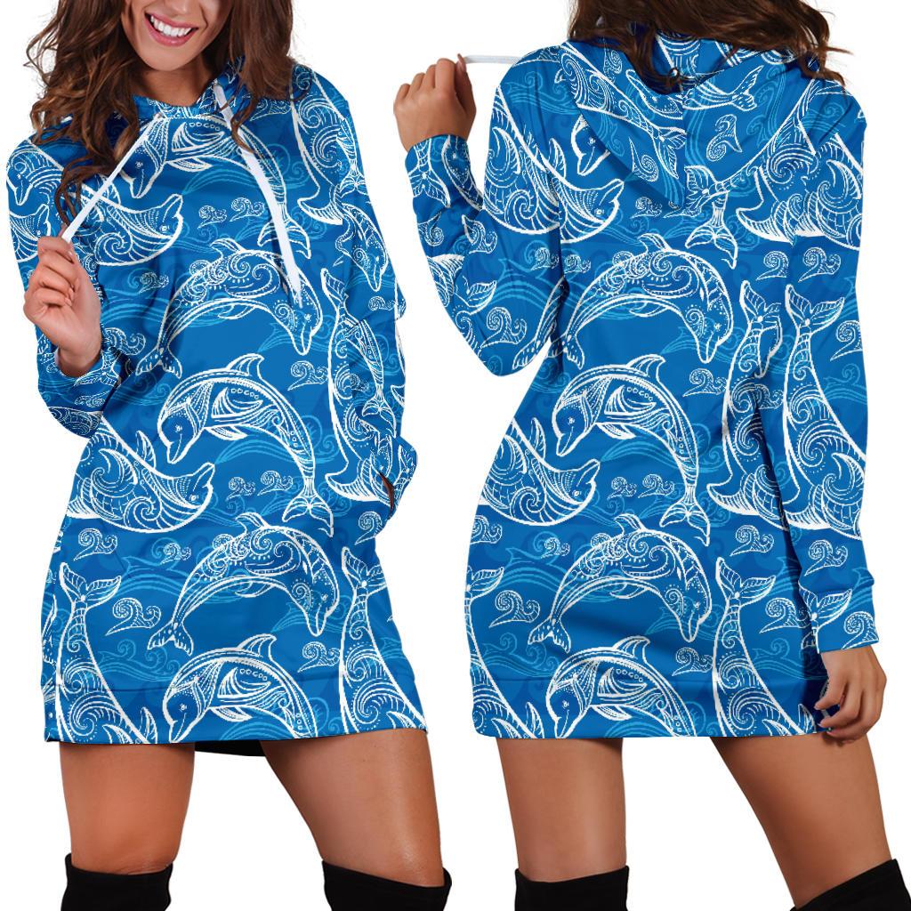 Dolphin Tribal Blue Pattern  Women Hoodie Dress