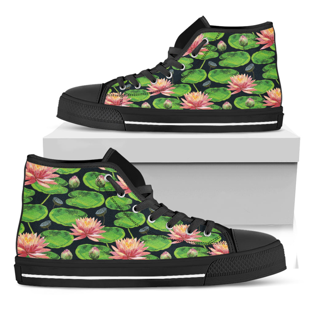 Water Lily Flower Pattern Print Black High Top Shoes