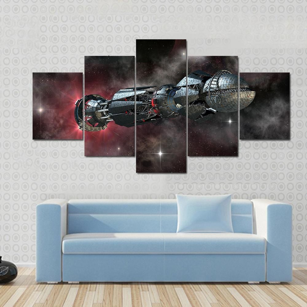 Spaceship In Interstellar Travel, On A Galactic Starfield For Alien Space 5 Panel Canvas Art Wall Decor