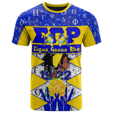 Sigma Gamma Rho T-Shirt – Sigma Gamma Rho Sorority Girl 1922 Greek Alphabet With Gold Rose And Hand Signs T-Shirt