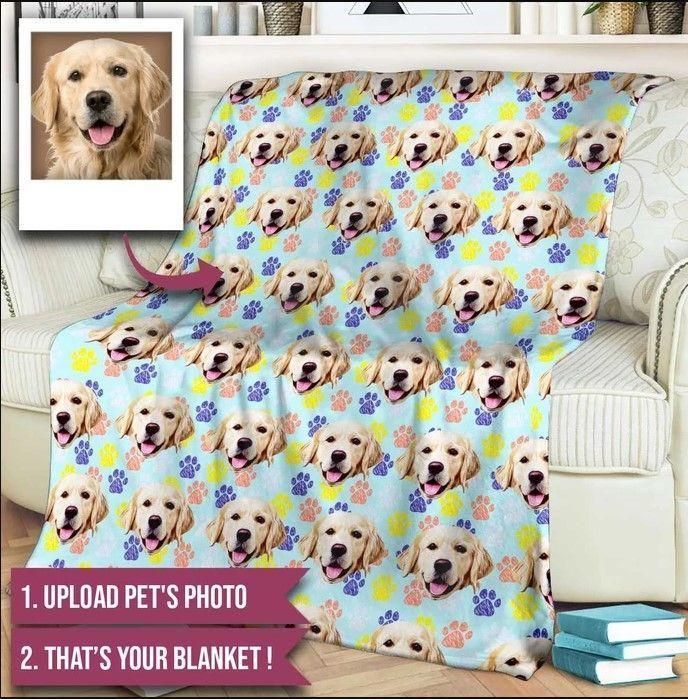 [Personalized Photo] Dog Face Foot Print Fleece Blanket, Sherpa Blanket, Gift For Parent, Family Member, Friends Gift, Christmas Gift, Home Decor, Home Living