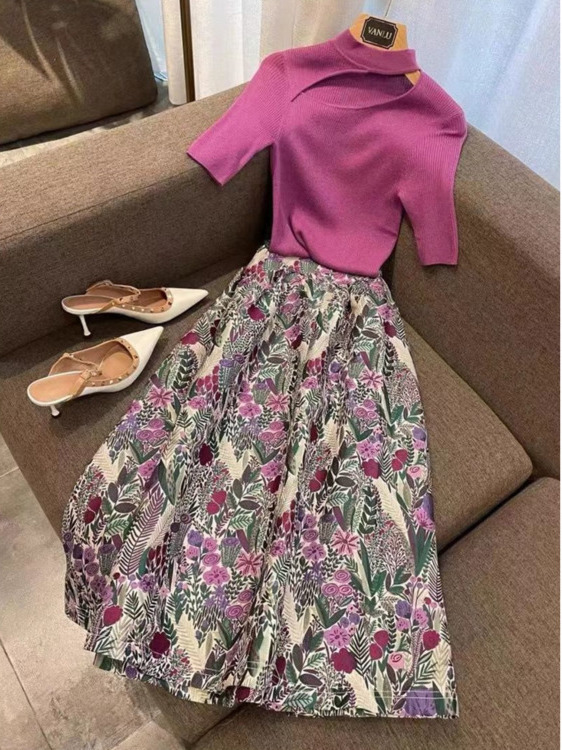 Summer French Vintage Two Piece Sets For Women Short Sleeve Irregular Knitted Tops And High Waist Swing Floral Print Skirts Sets alx