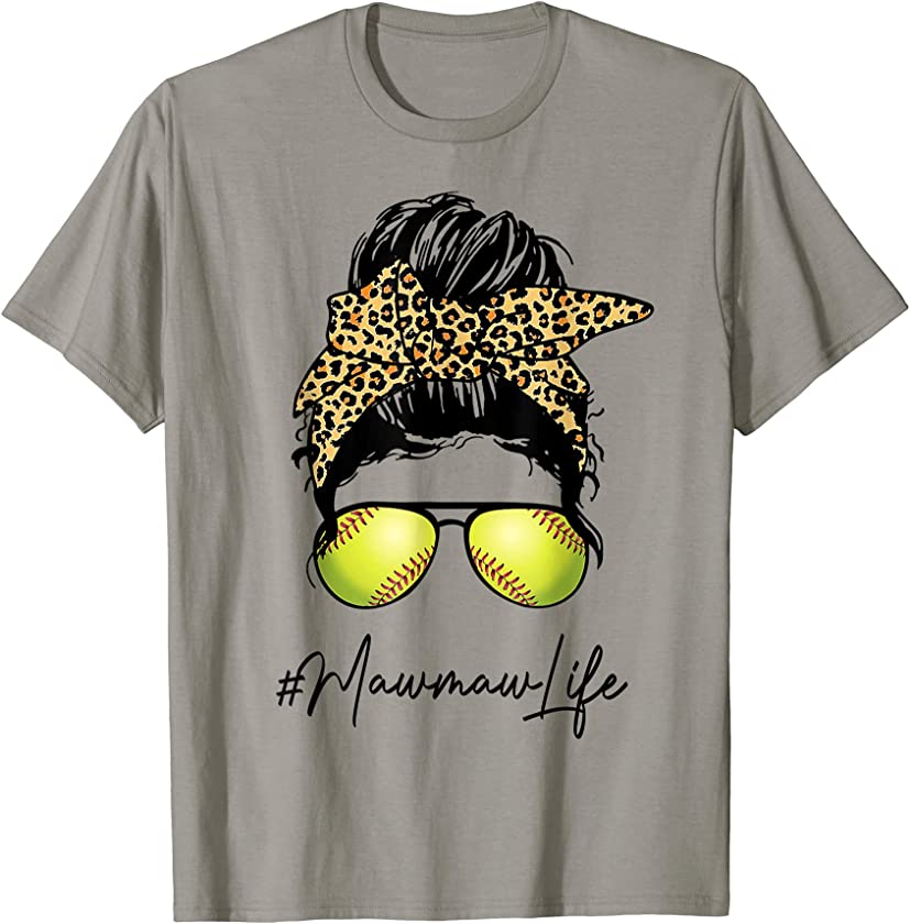 Softball Mawmaw Life Messy Bun Leopard Print Mother’s Day T-Shirt