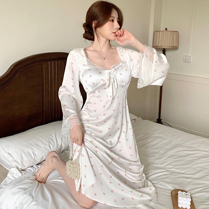 Square Collar Sleepwear Spring Women Nightgown Retro Court Style Long Sleeve Nightdress Sweet Print Flower Lace Home Dress alx