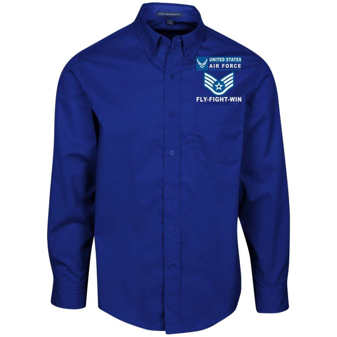 US Air Force E-5 Staff Sergeant SSgt E5 Noncommissioned Officer- Fly Flight Win Embroidered Men’s LS Dress Shirt