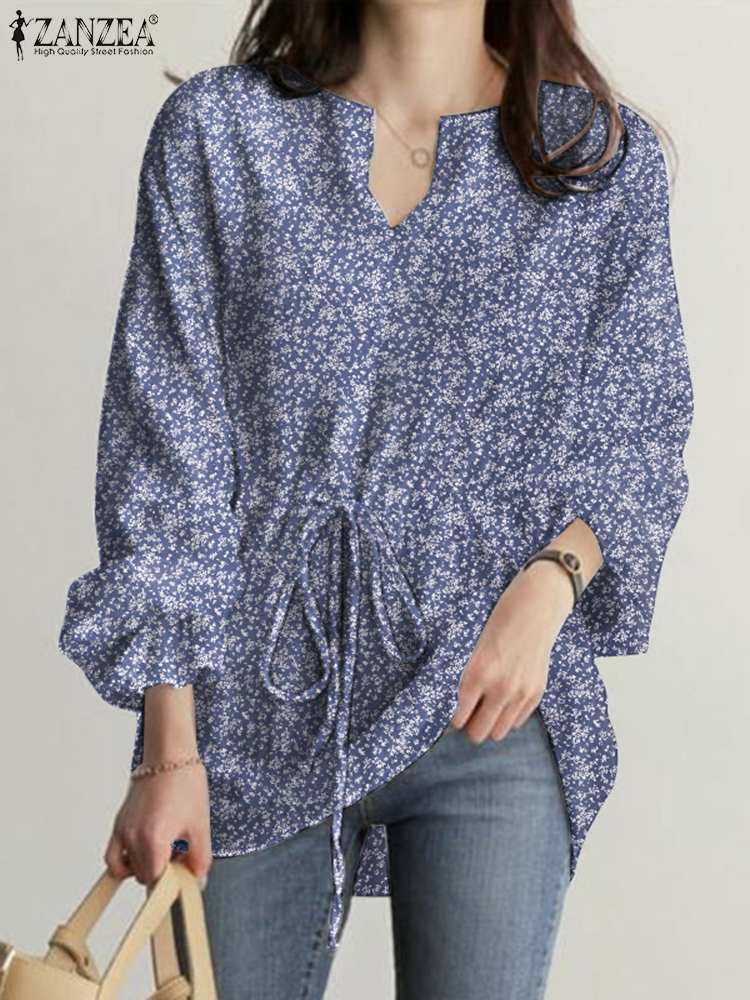 ZANZEA Autumn Floral Printed Blouse Woman V-Neck Long Sleeve Shirt Femme Loose Holiday Tops Bohemian Elegant Vintage Chemise alx