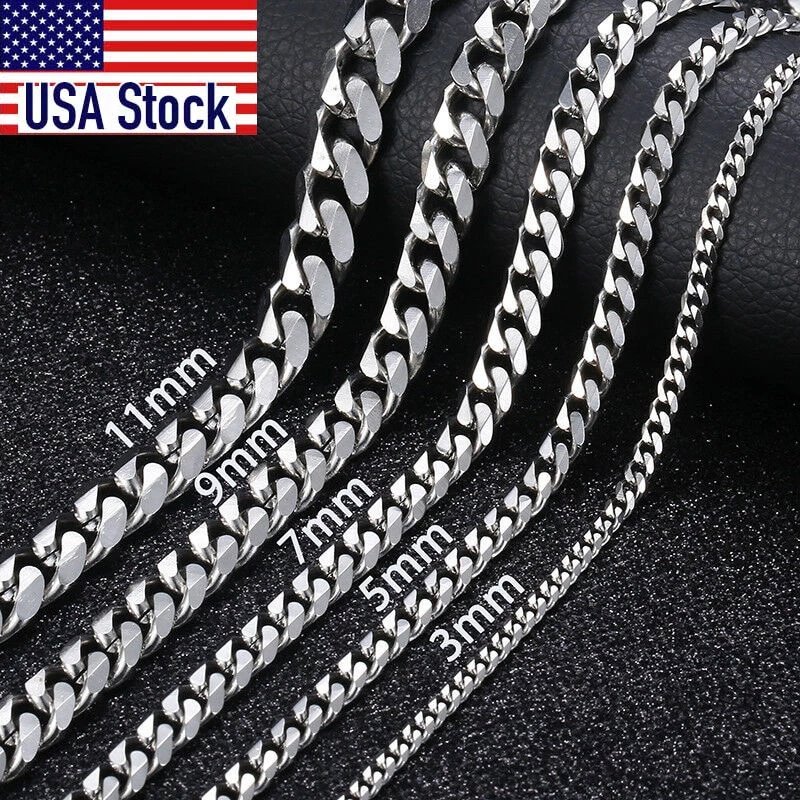 3/5/7/9/11mm Men’s Silver Color Necklace Stainless Steel Cuban Link Chain for Mens Womens Basic Black Gold Tone Chokers KNM07 alx