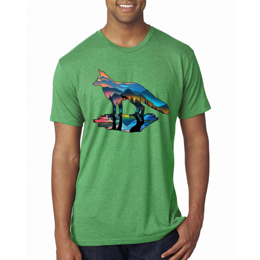 Trippy California Rainbow Neon Wolf Mountain Silhouette Animal Lover Premium Tri Blend T-Shirt