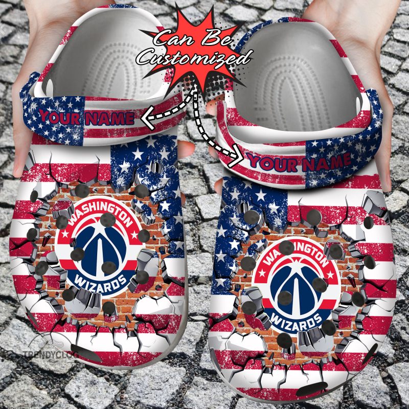 Basketball Personalized WWizards American Flag Breaking Wall Clog Shoes