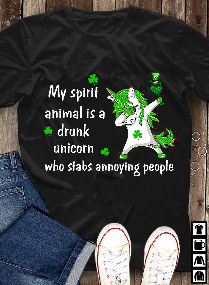 Shamrock St Patrick’S Day Irish Unicorn Lover My Spirit Animal I S A Drunk Unicorn Who Stabs Annoying People T Shirt Hoodie Sweater  Size S-5Xl