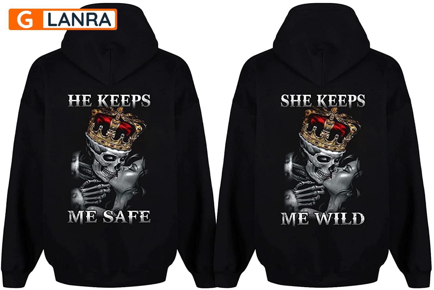 He Keeps Me Safe She Keeps Me Wild Hoodie, Skull Couple Hoodie, Couple Hoodie, Skull Hoodie, Husband Wife Hoodie, Unisex Sweater, Sweatshirt