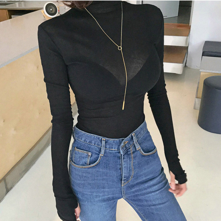 2021 new Korean autumn and winter new heart machine micro transparent elegant thread high collar slim bottoming sweater alx