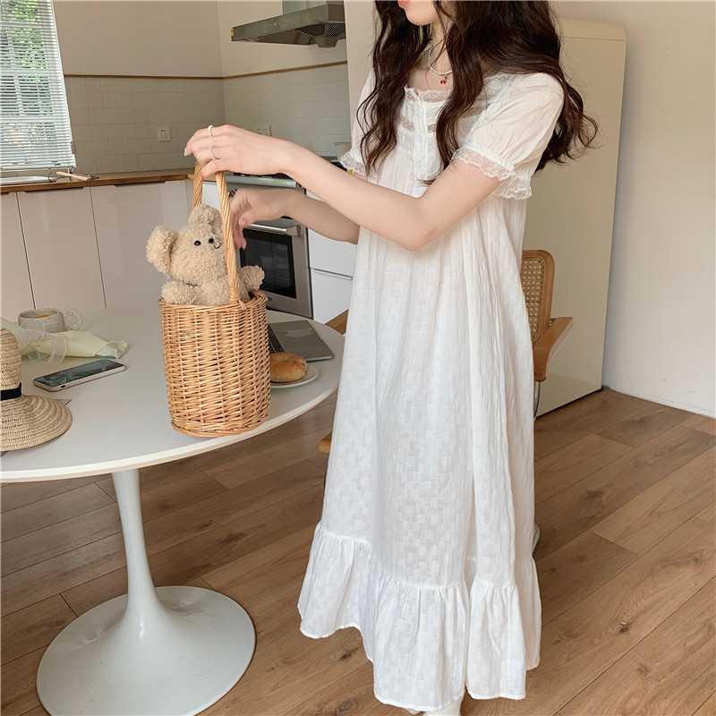 2022 Summer Pajamas for Women Cotton Night Gown Korean Style Loungewear Maxi Dresses Vintage Nightgowns Woman Sleep Dress Female alx