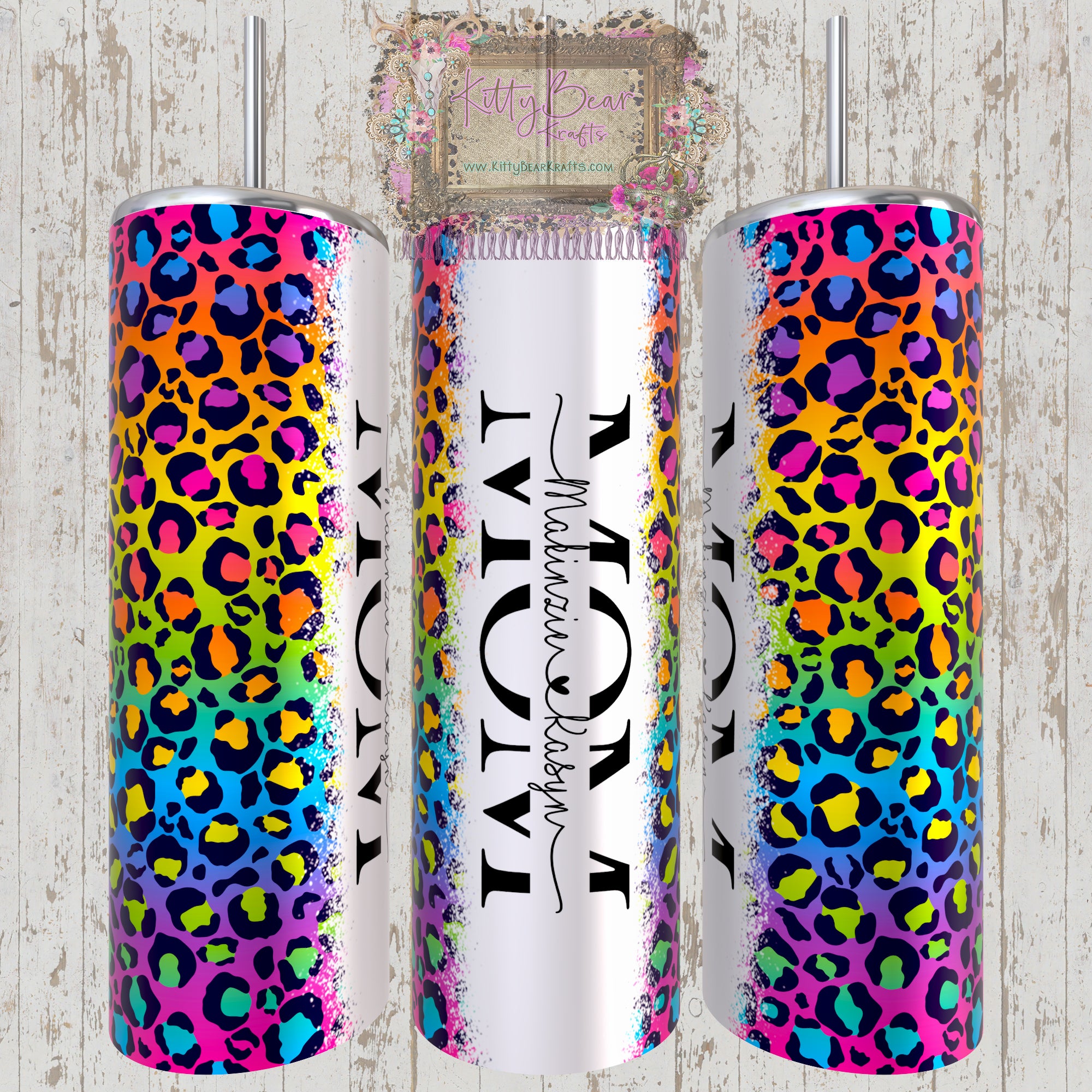 Personalized Mom Neon Leopard Rainbow Tumbler