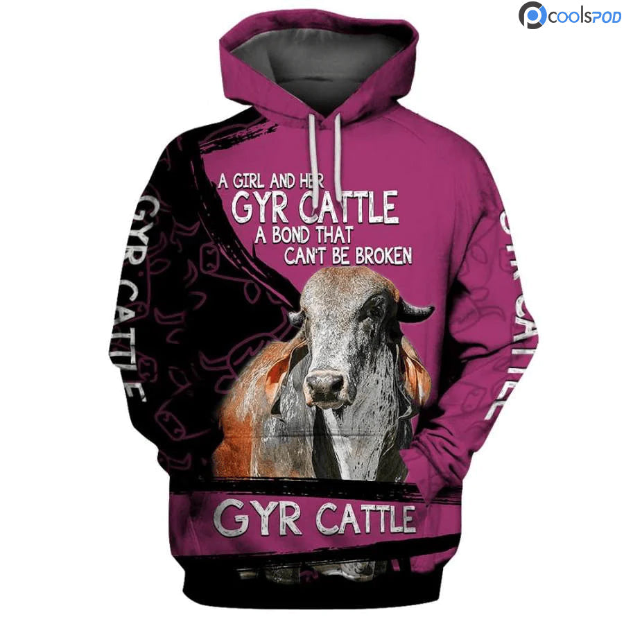 A Girl And Gyr Cattle A Bond That Can’T Be Broken 3D Hoodie, Women Cow Hoodie Farm Mom Gift