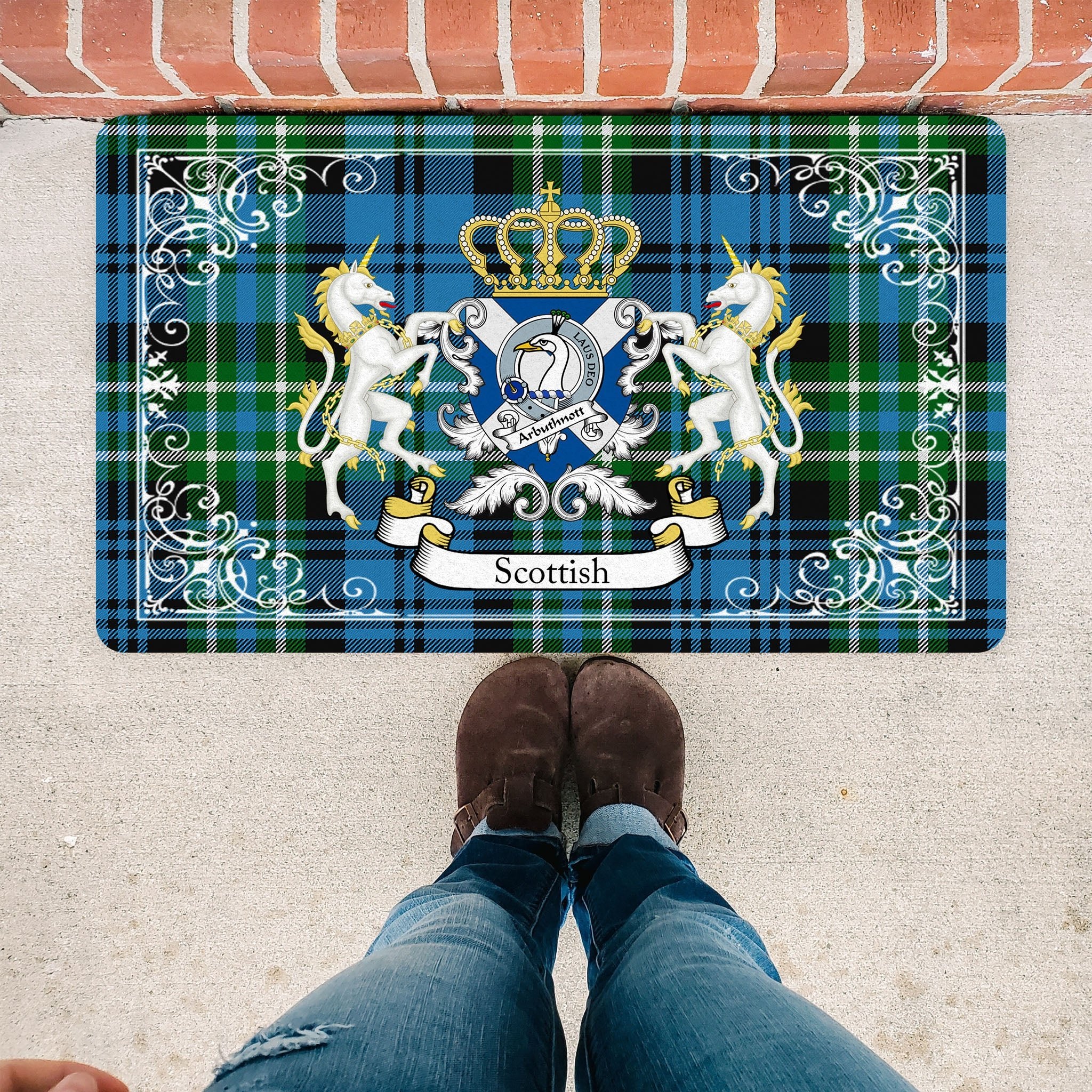 Scotstee Shop Tartan Door Mat Arbuthnott Hunting Clan Badge Tartan Scottish Plaid Doormat, Christmas Door Mat