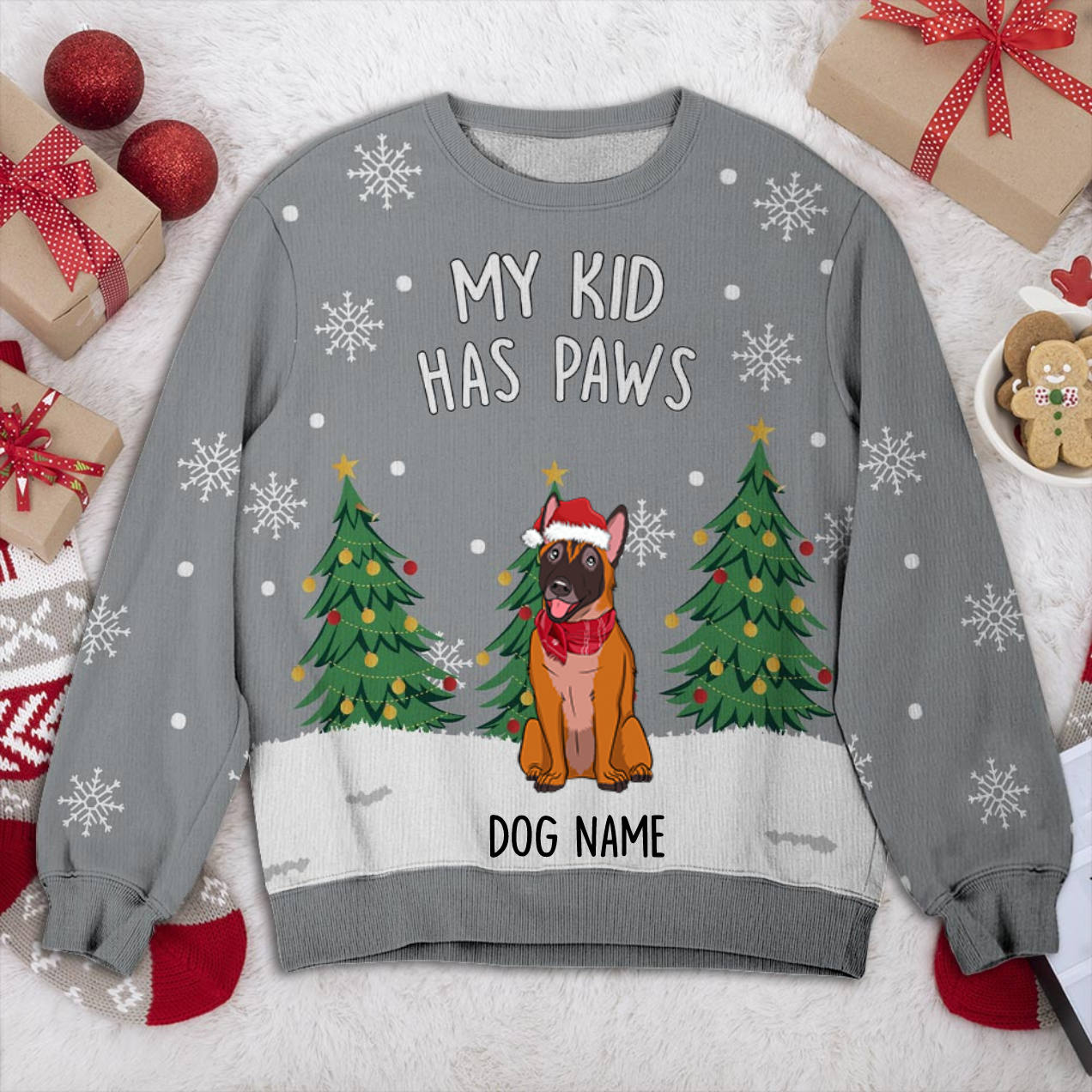 Belgian Malinois My Has Paws Personalized Sweater, Dog Ugly Christmas Sweater