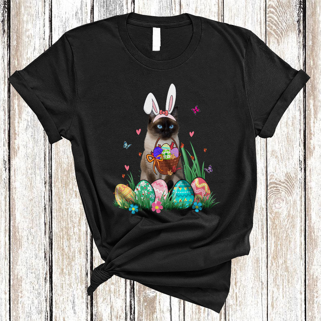 Bunny Siamese With Easter Egg Basket Funny Easter Day Flower Egg Hunt Cat Lover Gifts T-Shirt