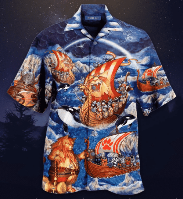 Viking Cats Fa-La-La Valhalla La Cat In The Viking Ship Hawaiian Shirt