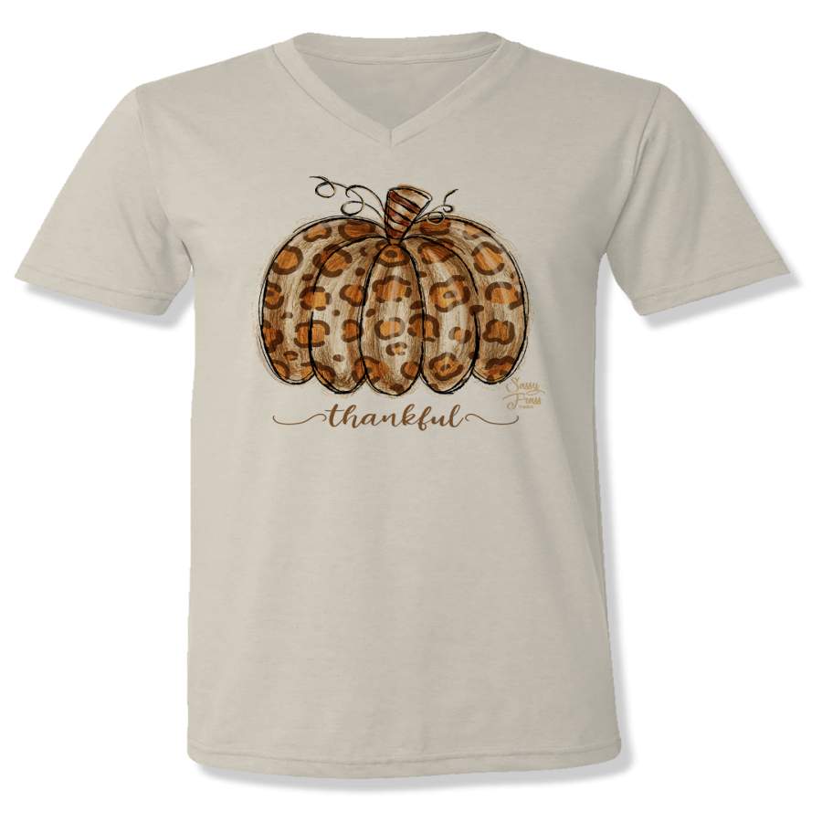 Sassy Frass Thankful Leopard Pumpkin V-Neck Canvas Girlie Bright T Shirt