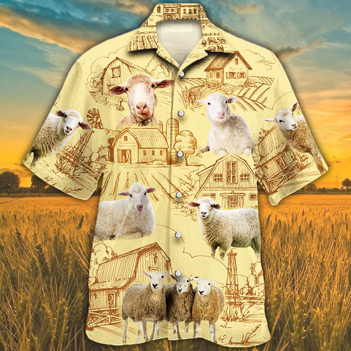 Waybackapparel Sheep Lovers Farm Hawaiian Shirt, Farm Sheep 3D Hawaiian Shirt