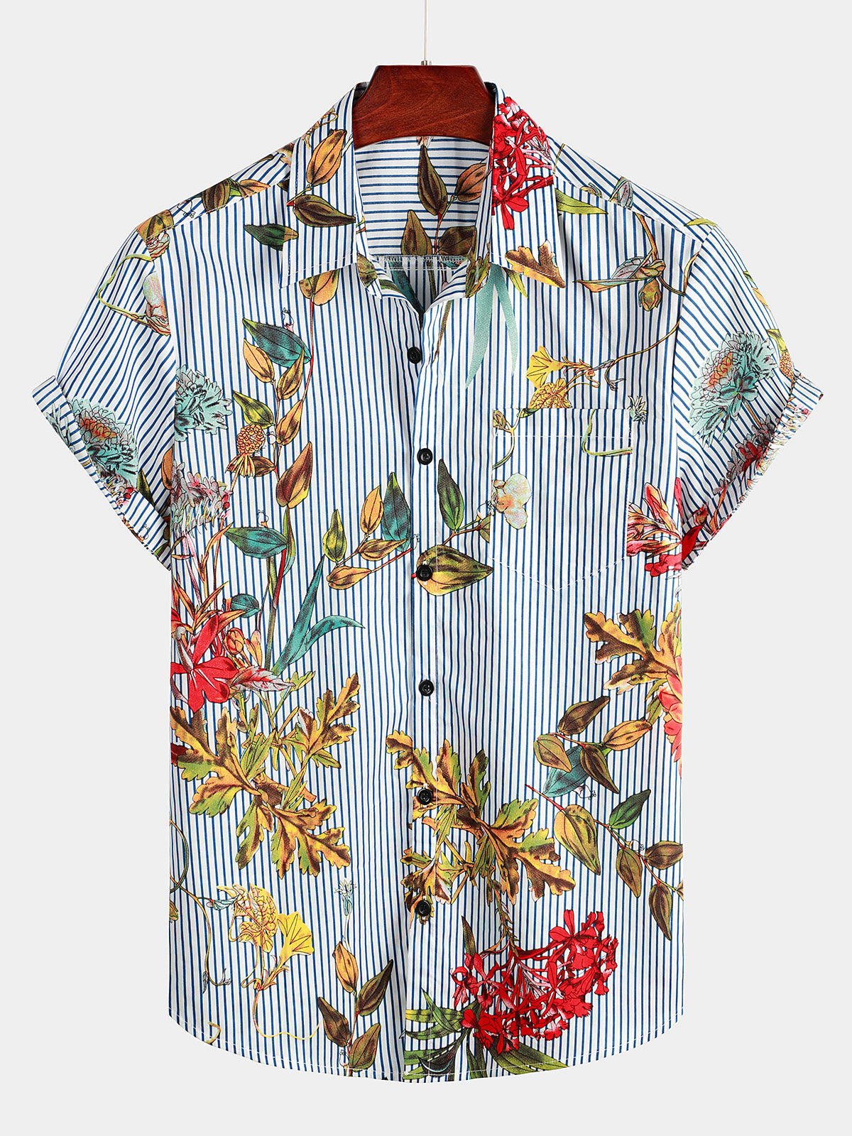 Striped Floral Print Short Sleeve Hawaii Shirt Ha82683