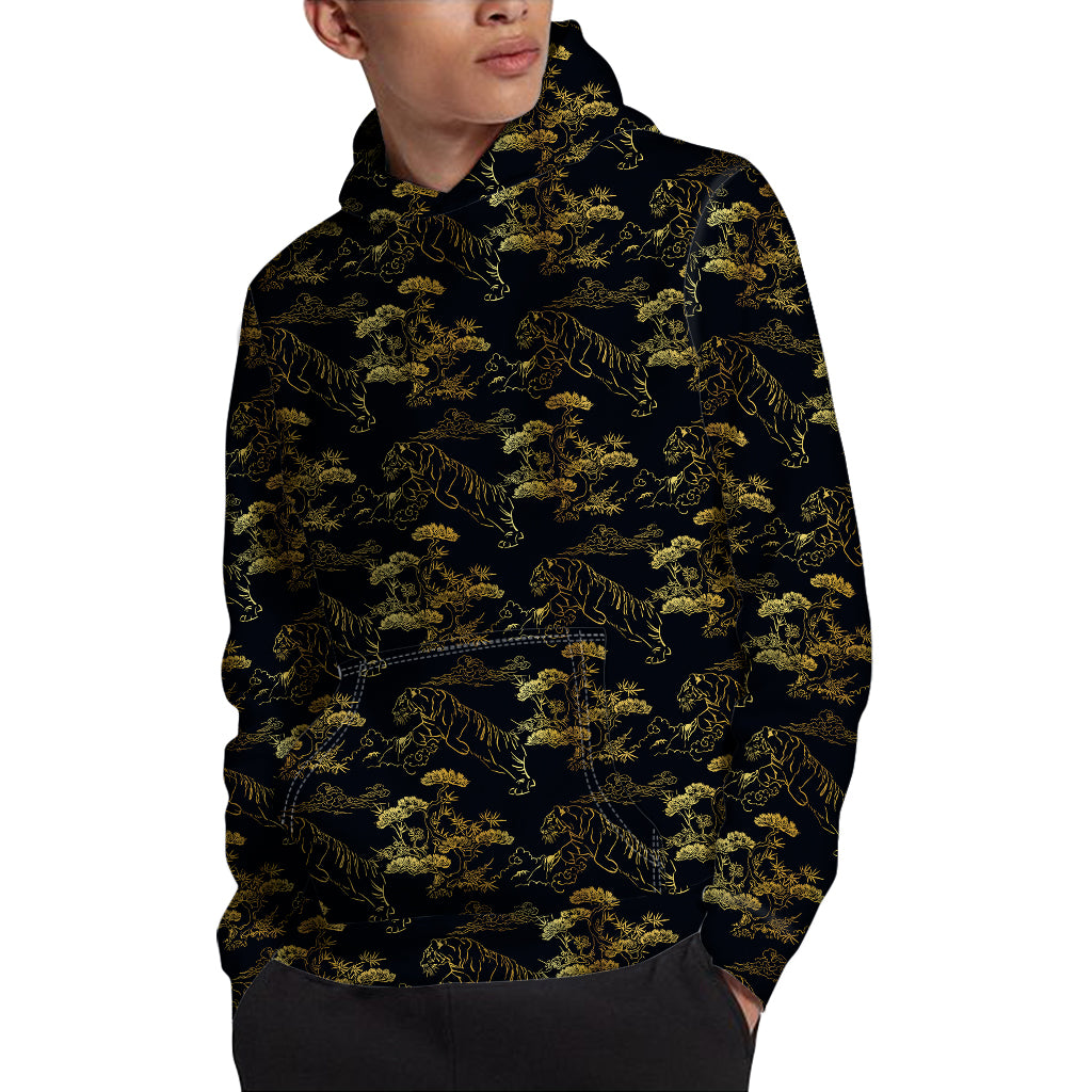 Black And Gold Japanese Tiger Print Pullover Hoodie