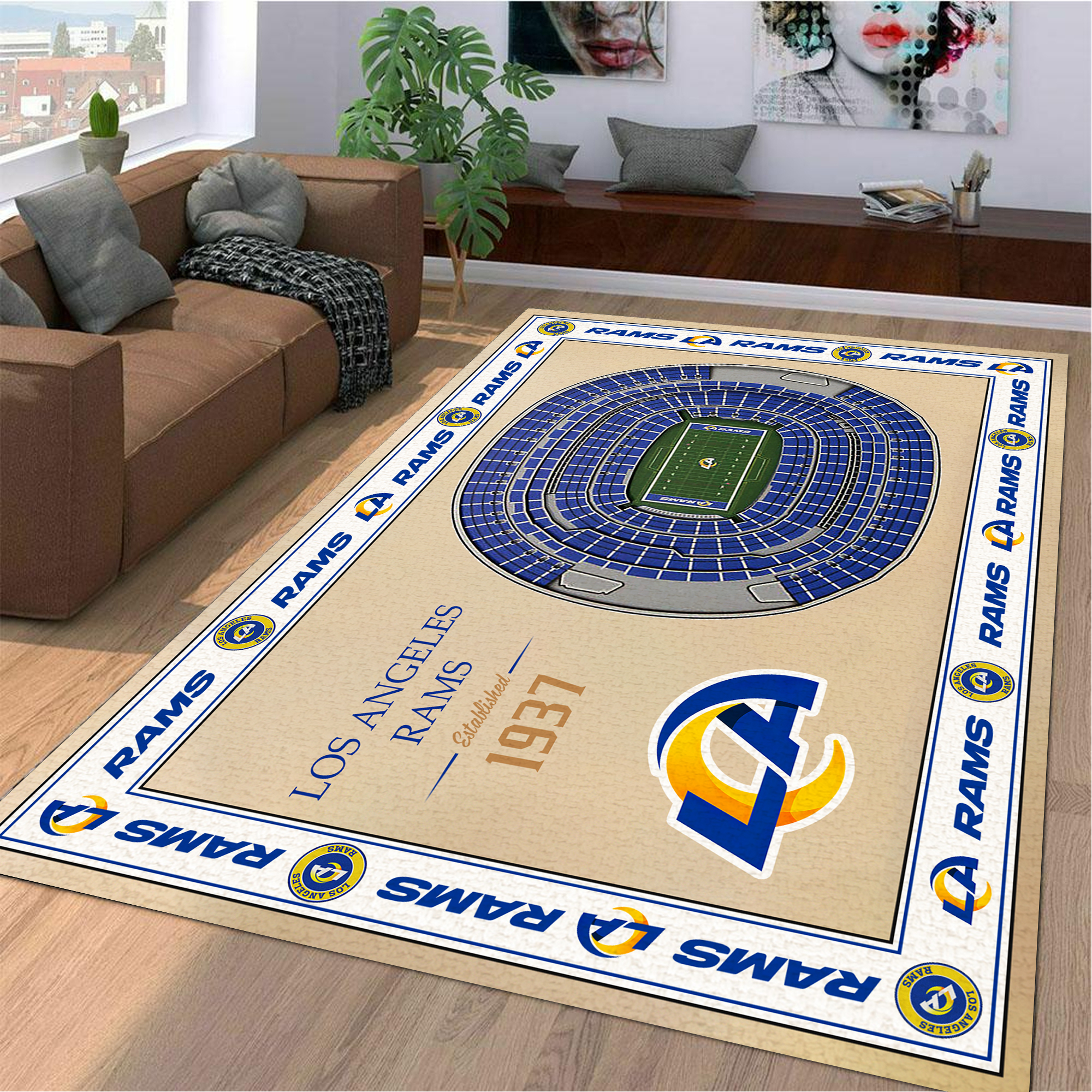 Fan Deco – Bordered Los Angeles Rams Stadium 3D View Area Rug