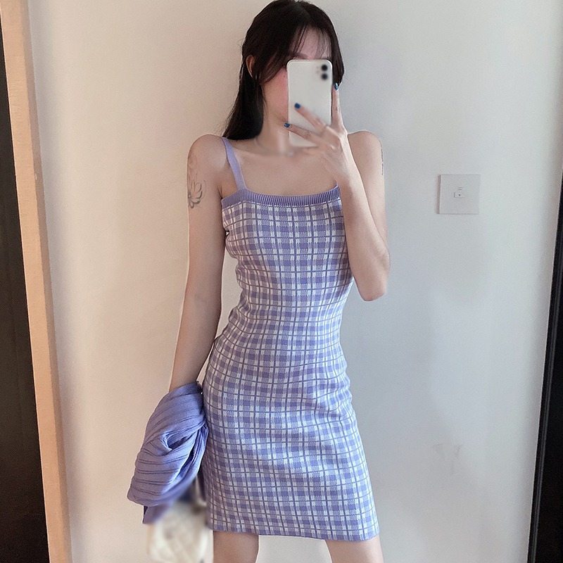 Women’s Sexy Dress Slim Backless Sleeveless Sling Knitted Dresses Plaid Fashion Summer Female Clothing alx