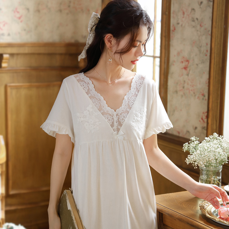 Summer Cotton Long Night Dress Women Embroidery Sexy Lace V Neck Short Sleeve Peignoir Princess Sleepwear Victorian Nightgowns alx