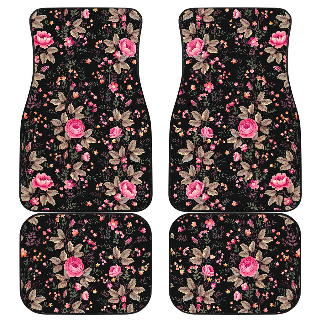 Pink Floral Flower Pattern Print Front And Back Car Floor Mats, Front Car Mat