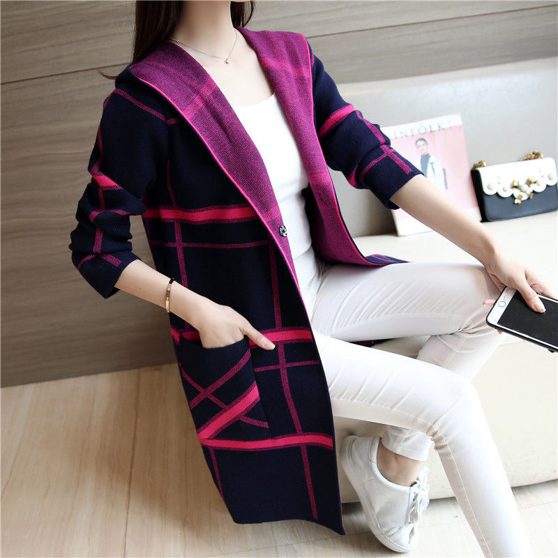 Autumn Hooded Plaid Sweater Coat Women Long sleeve Cardigan Sweaters Elegant Female Fashion Casual Knitting Sweaters 3XL F651 alx