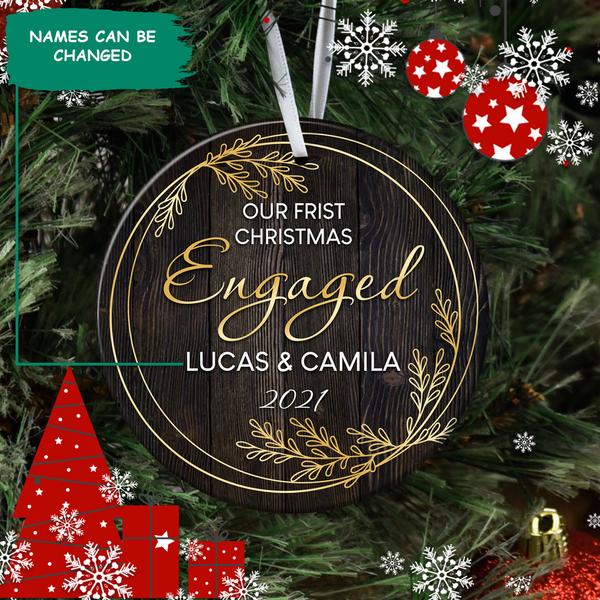 Our First Christmas Engaged – Engagement Circle Ceramic Ornament – Personalized Decorative Christmas Ornament