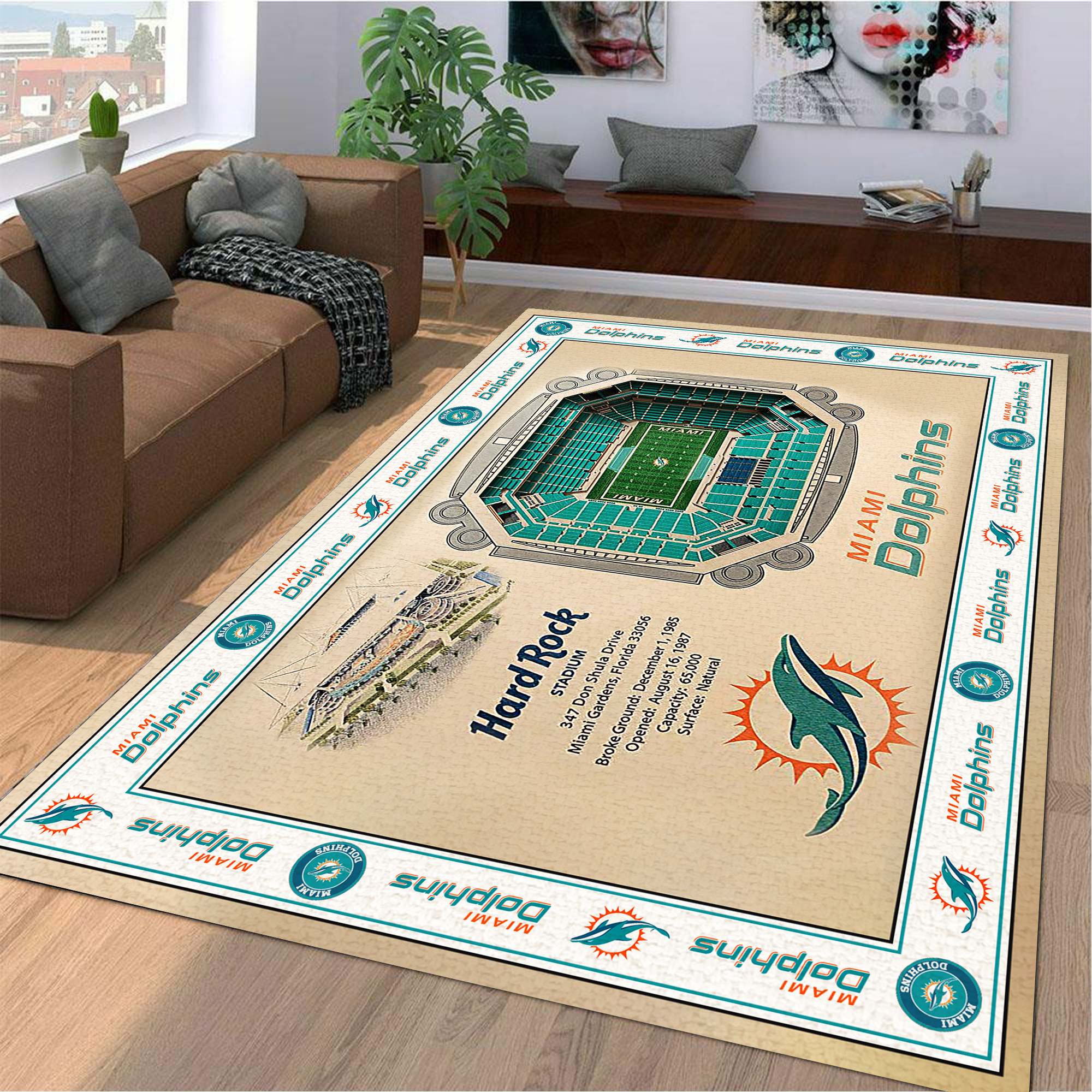 Fan Deco – Bordered Miami Dolphins Stadium 3D View Area Rug