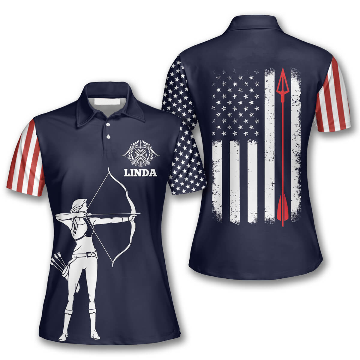 Female Archer Silhouette Navy Flag American Custom Archery Polo Shirts For Women