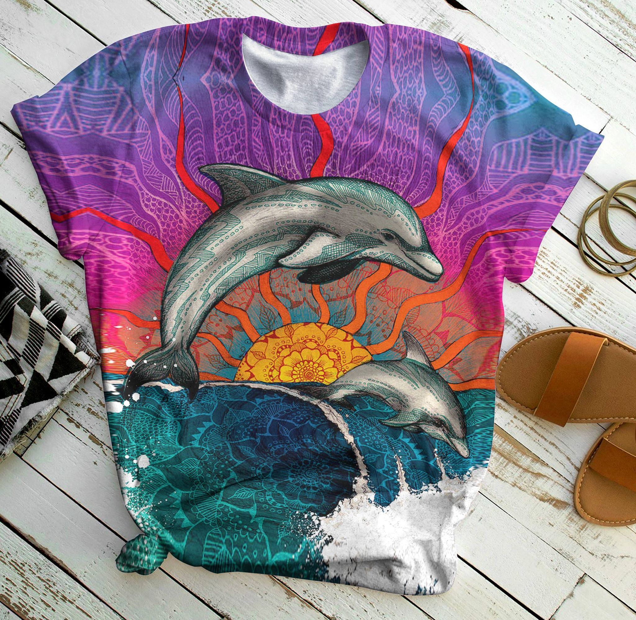 Dolphin Sunset Art – All Over Print T-Shirt S M L Xl 2Xl 3Xl 4Xl 5Xl