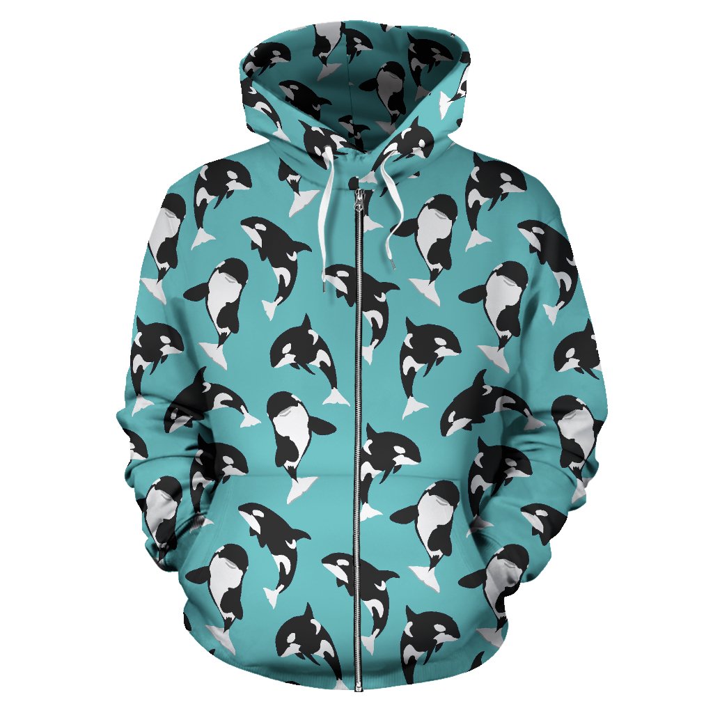 Whale Action Design Themed Print Zip Up Hoodie