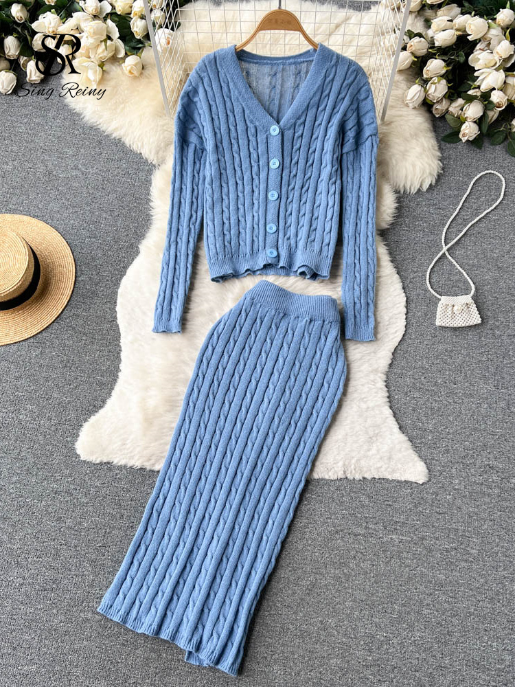 SINGREINY Winter Sweet Knitted Two Pieces Suits V Neck Single Breasted Long Sleeve Cardigan+Split Midi Long Skirt Female Sets alx