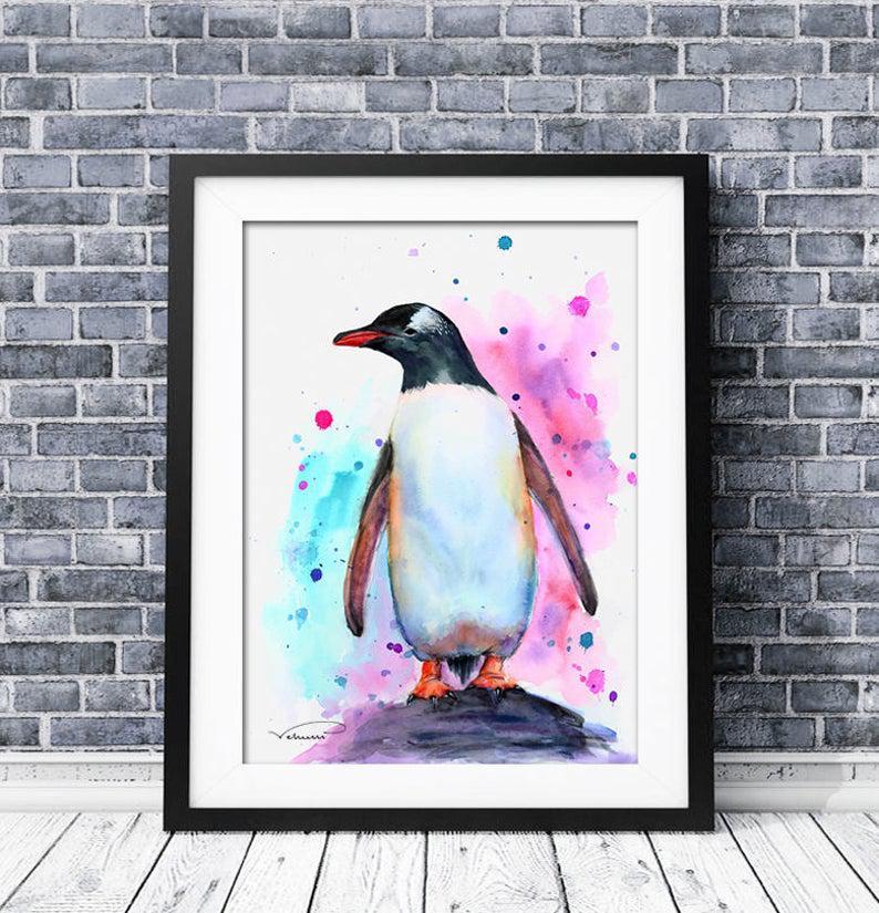 Penguin Watercolor Print, Colorful Penguin Wall Art, Penguin Painting, Penguin Poster